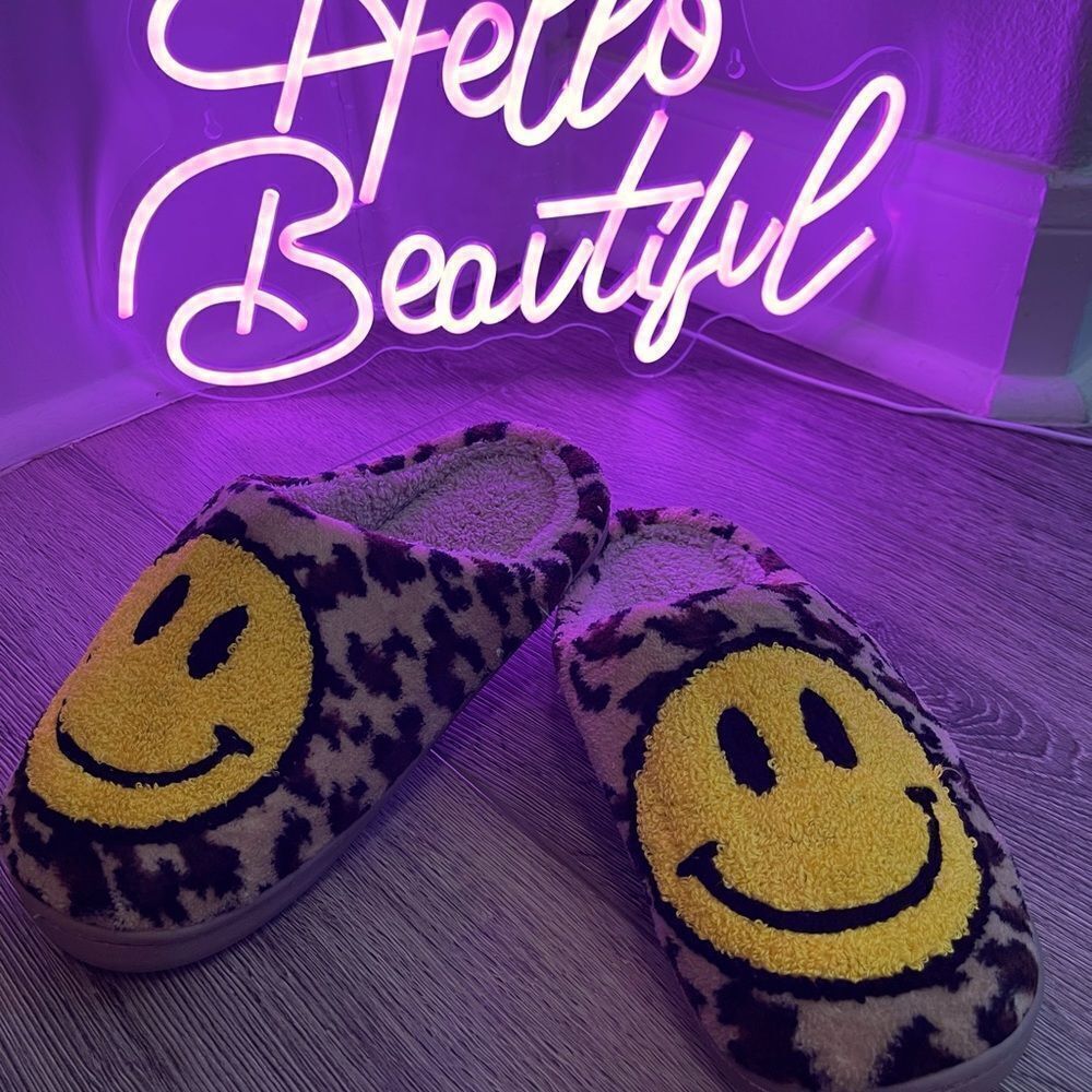 Leopard Smiley Face Happy Feet Cozy Slippers